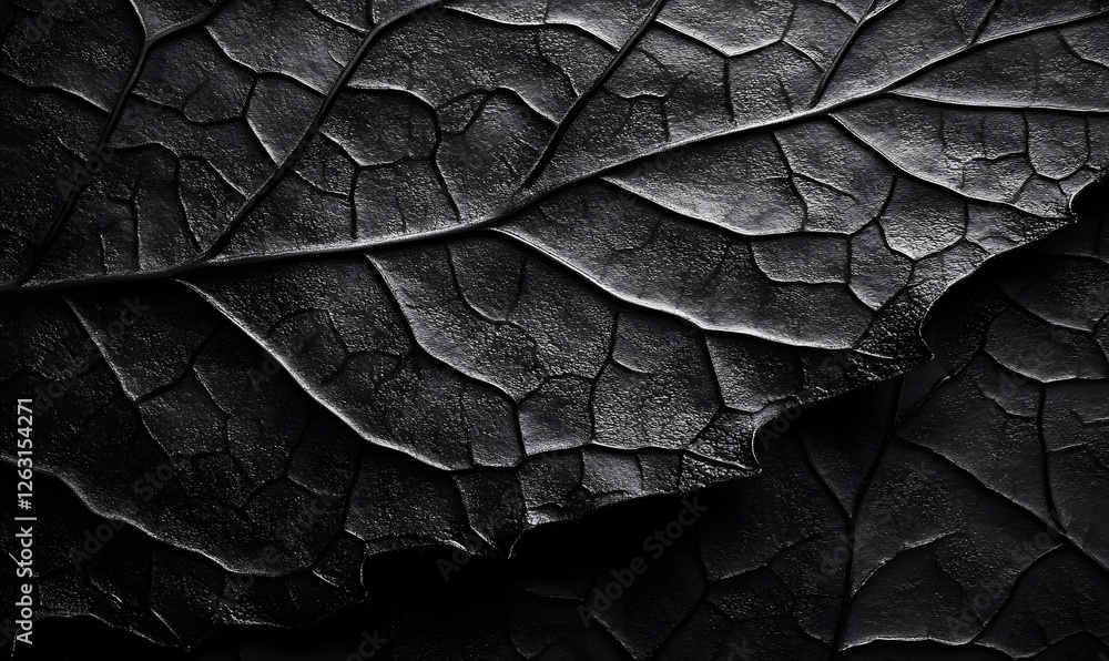 Poster monochrome close-up of textured leaf surface with intricate vein patterns