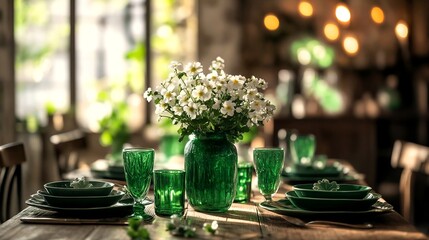 A rustic wooden table is set with elegant green glassware and plates, accompanied by a vase of white flowers on a sunny day.