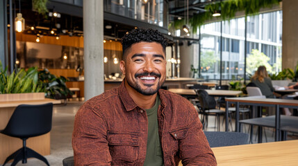 smiling man in modern office space with greenery and natural light. He wears brown jacket and has curly hair, exuding friendly and approachable vibe