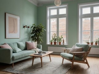 Fototapeta premium Sage Green Living Room With Wooden Furniture And Plants