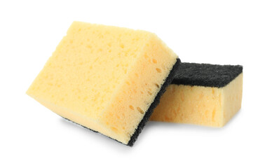 Two yellow sponges isolated on white. Cleaning supply