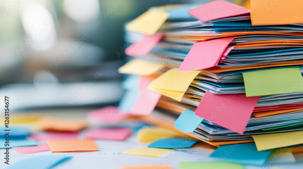 Poster colorful stack of documents with sticky notes scattered around, representing organization and produc