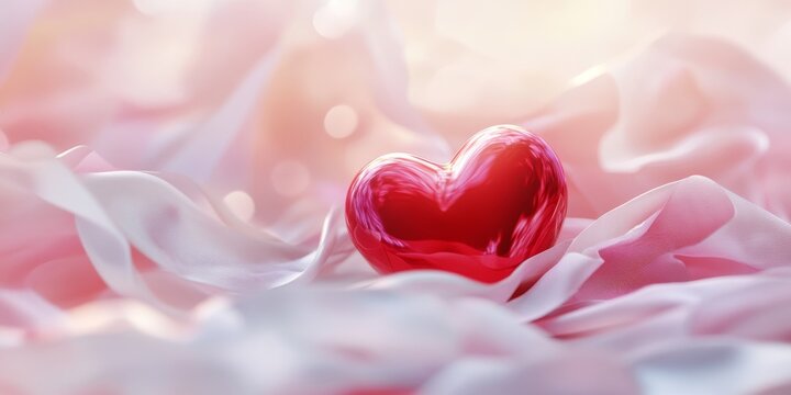 A glossy red heart resting on flowing pink silk fabric with a soft bokeh background, creating a dreamy and romantic atmosphere perfect for Valentine’s Day moments