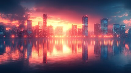 Fototapeta premium City Skyline Reflected In Calm Waters At Sunset