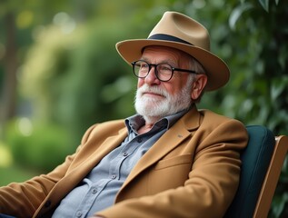 Elderly man relaxing outdoors in stylish attire with hat and glasses