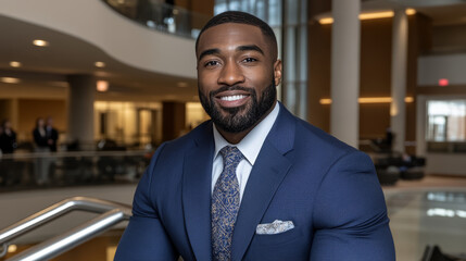 Fototapeta premium confident man in blue suit with patterned tie, smiling in modern indoor setting. background features spacious lobby with soft lighting