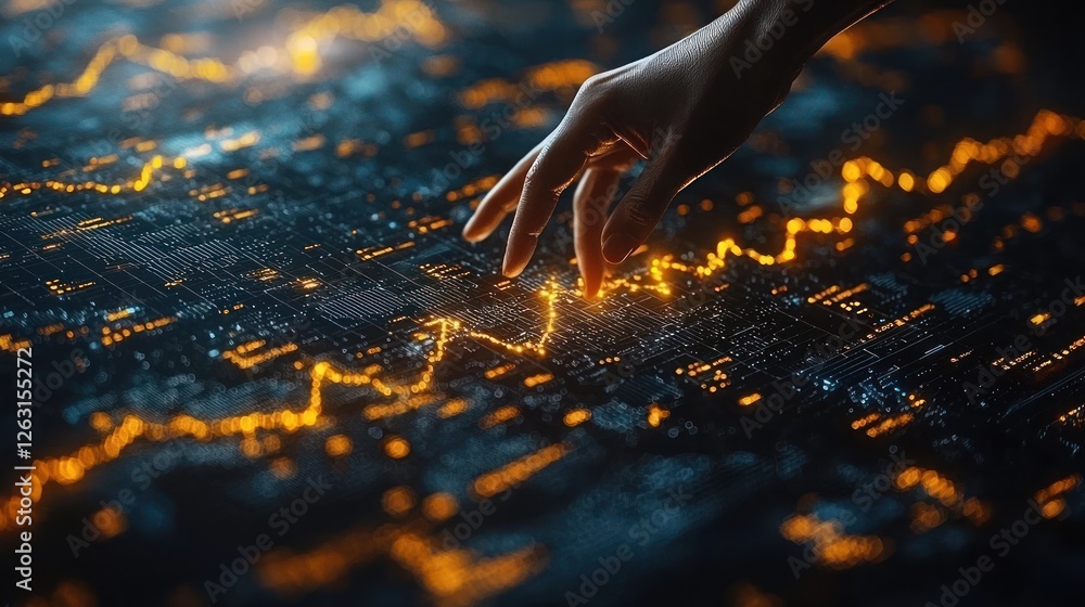 Poster hand interacting with glowing data circuitry