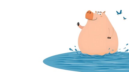 Fototapeta premium Cute Cartoon Hippo in Water Splashing with Playful Birds Surrounding