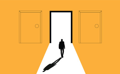 Silhouette of Business Man Entering an Open Door. Right of choice and way to success at work concept vector art