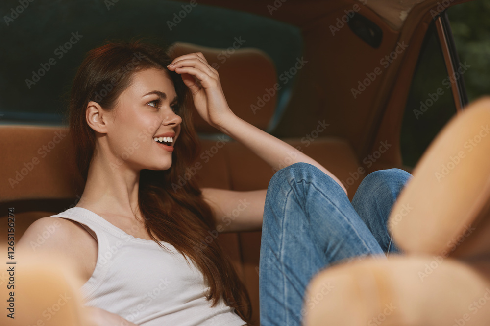 Poster Smiling young woman relaxing in a car's backseat, wearing casual clothes, conveying joy and comfort amidst a warm brown interior.