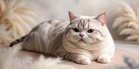 Fototapeta premium White fat cat animal lying resting pet relax pastel light background