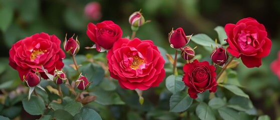 Red roses blooming on a dark green background.