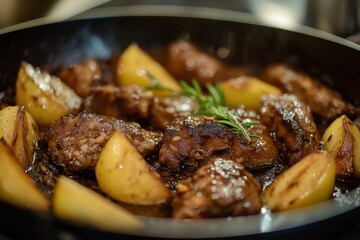 Delicious slow braised duck with pears and spices in dutch oven, garnished with rosemary and served with golden potatoes. Concept includes dutch oven bakes for flavorful meals.