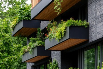 Fototapeta premium Close-Up of Residential Home with Green Balcony Planters in Urban Setting Surrounded by Lush Foliage