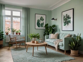Fototapeta premium Sage Green Living Room Decor With Plants And Natural Light
