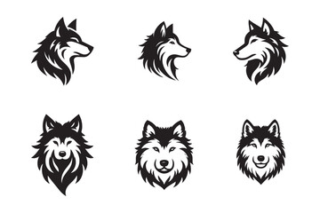 set of  wolf head illustrations in black and white, vector style, perfect for logos or tattoos