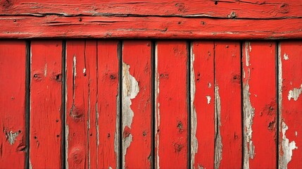 A weathered red wooden fence with chipped paint and aged wood.