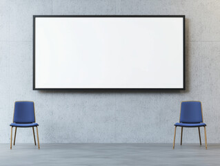 large empty billboard is displayed on concrete wall with two chairs