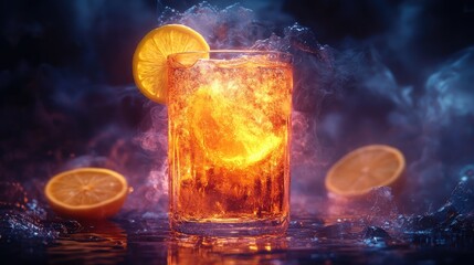 Sparkling Orange Drink Glass with Smoke and Ice