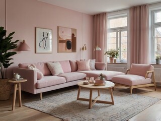 Pink Living Room Sectional Sofa With Artwork And Accessories