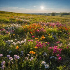 Obraz premium A bright meadow bursting with spring flowers under a cloudless sky.