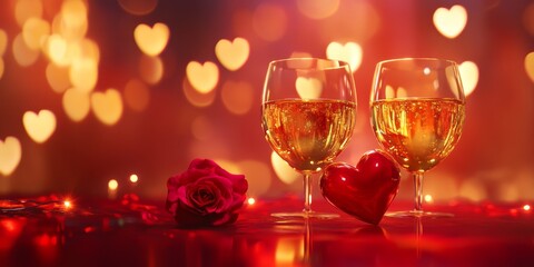 Two wine glasses with golden sparkling wine, a red rose, and a romantic atmosphere with glowing heart lights