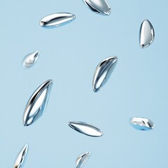 Shiny metallic droplets floating against light blue background