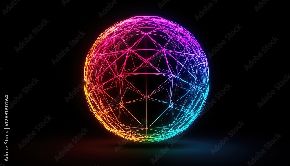 Poster a vibrant spherical design with colorful geometric patterns glowing against a dark backdrop.