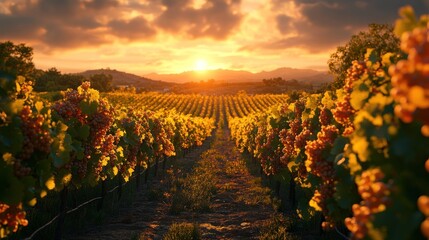 Fototapeta premium Golden Hour Vineyard Sunset Grapes Rows
