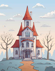 Whimsical Haunted Mansion with Red Roof in a Fantasy Landscape