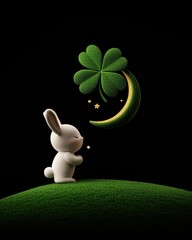 A whimsical rabbit wishes upon a clover crescent moon in a magical night scene.