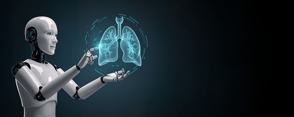 Futuristic robot with holographic projection of lungs. AI medicine concept. Technology and healthcare. Background for banner, flyer, advertising. Copy space.