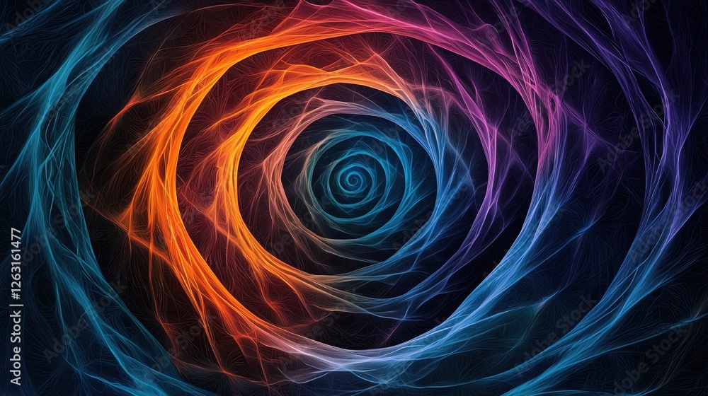 Poster a vibrant spiral of colorful swirling abstract shapes and patterns.