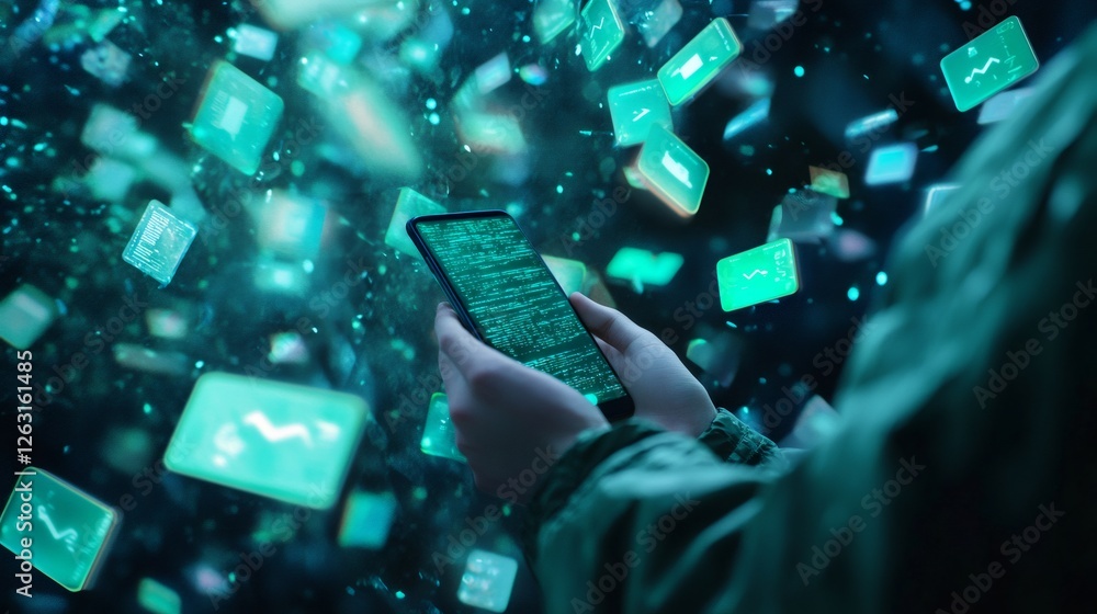 Poster Person manages multiple tasks on a smartphone amidst floating digital data, symbolizing multitasking, time management, and stress in a fast paced work environment