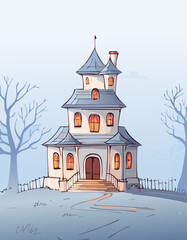 Whimsical Haunted House Illustration in a Spooky Autumn Setting