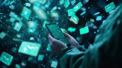 Person manages multiple tasks on a smartphone amidst floating digital data, symbolizing multitasking, time management, and stress in a fast paced work environment