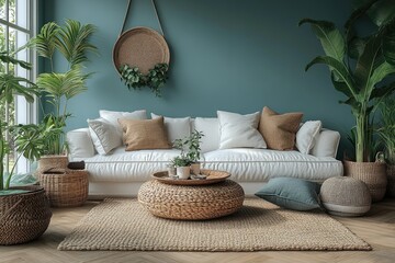 Modern teal living room with white sofa, round wooden coffee table, woven baskets, potted plants, and a patterned rug.  The room is bright and airy, with plenty of natural light.  The decor is earthy