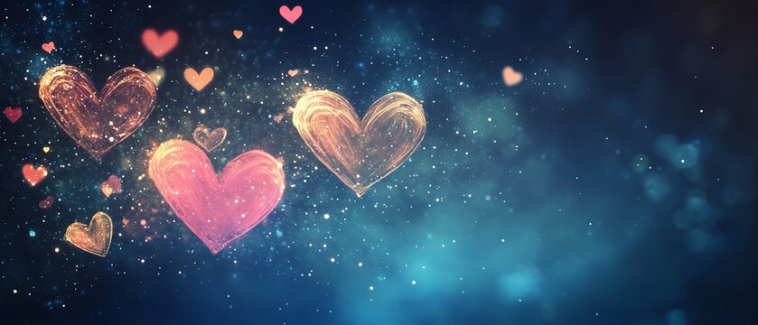Shimmering heart trails on a night sky background.