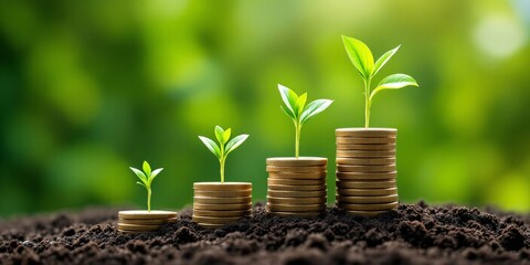 Growing plant on stacked coins in soil against green nature background. Money growth concept for business, investment and financial planning. Save money for future