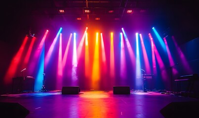 Illuminated Stage with Colorful Lighting and Musical Equipment Ready for a Performance