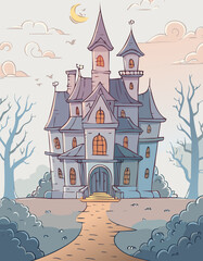 Spooky Haunted Castle with Glowing Windows Under a Crescent Moon