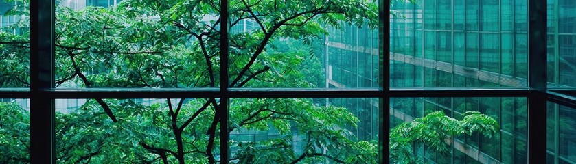 Fototapeta premium Urban Greenery Window View of Trees and Cityscape