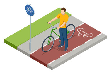 An isometric, vector illustration of a cyclist standing on a designated bicycle path. The red cycling lane is marked with a bike sign and road markings for safe urban transport
