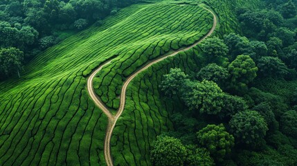 Obraz premium Serene Tea Plantation Landscape, Winding Path 