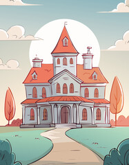 Charming Vintage Mansion with a Warm Sunset Sky – Hand-Drawn Cartoon Illustration