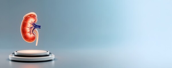 Kidney anatomy on podium. Medical, urology concept. Healthcare for banner, flyer, advertising, poster. Light blue backdrop with copy space.