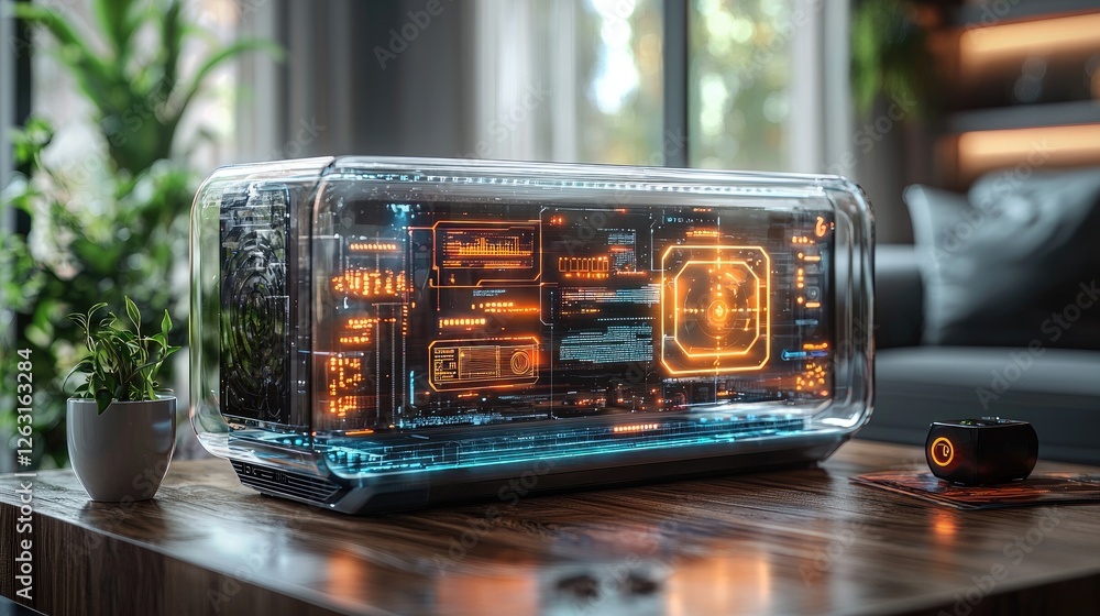 Poster futuristic transparent computer shows internal components