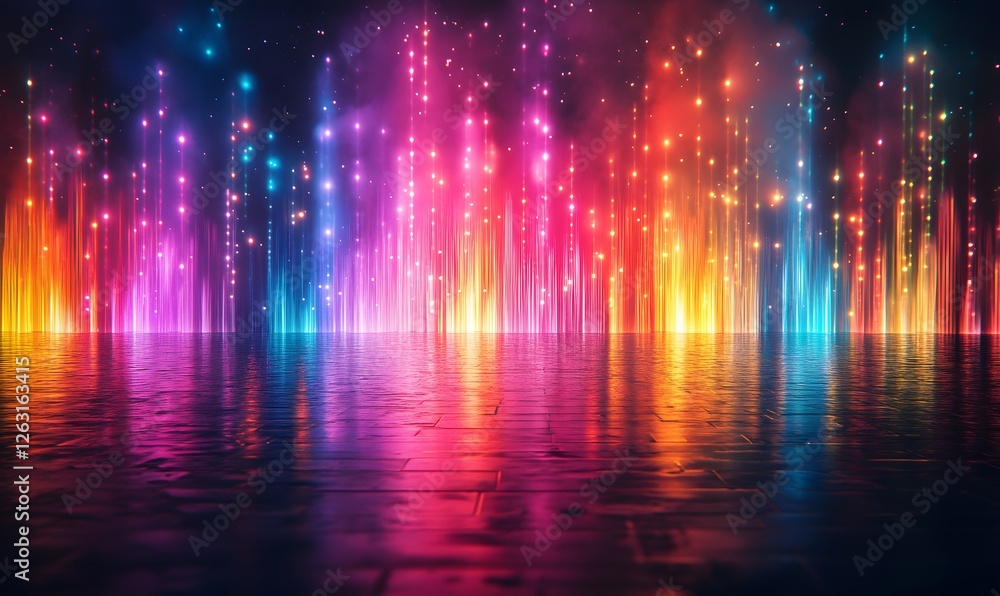 Poster colorful abstract light show with reflective surface creating a dynamic scene