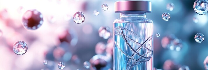 Futuristic Medical Serum Bottle Floating Amidst DNA Structures and Carbon Molecules. High-Resolution 3D Rendering with Light Blue Tones, Water Droplets, and Cinematic Effects for Advanced Biotechnolog
