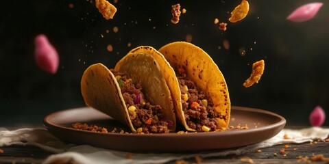 A rich, dark brown plate rests on a textured wooden surface, slightly askew to the left, revealing its elegant edge against the warm grain beneath. A subtle tilt invites curiosity about what lies with